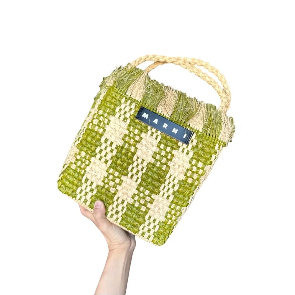 Marni Market Olive and Cream Woven Raffia Tote Bag - Picture 2 of 9